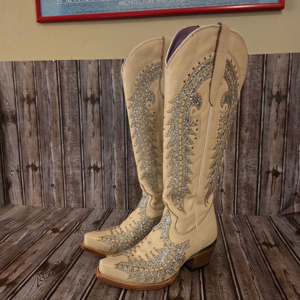 Sz 8 US Womens Rock'em Cream Leather Silver Sequin Studded Tall Western Boots